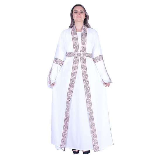 Long sleeve white embroidered traditional Palestinian dress