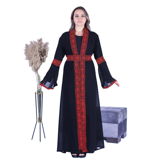 Long sleeve black and red embroidered traditional Palestinian dress