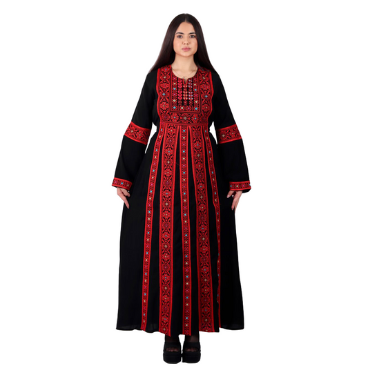 Embroidered Palestinian thobe, Traditional Abaya, long sleeve Tatreez dress, black and red